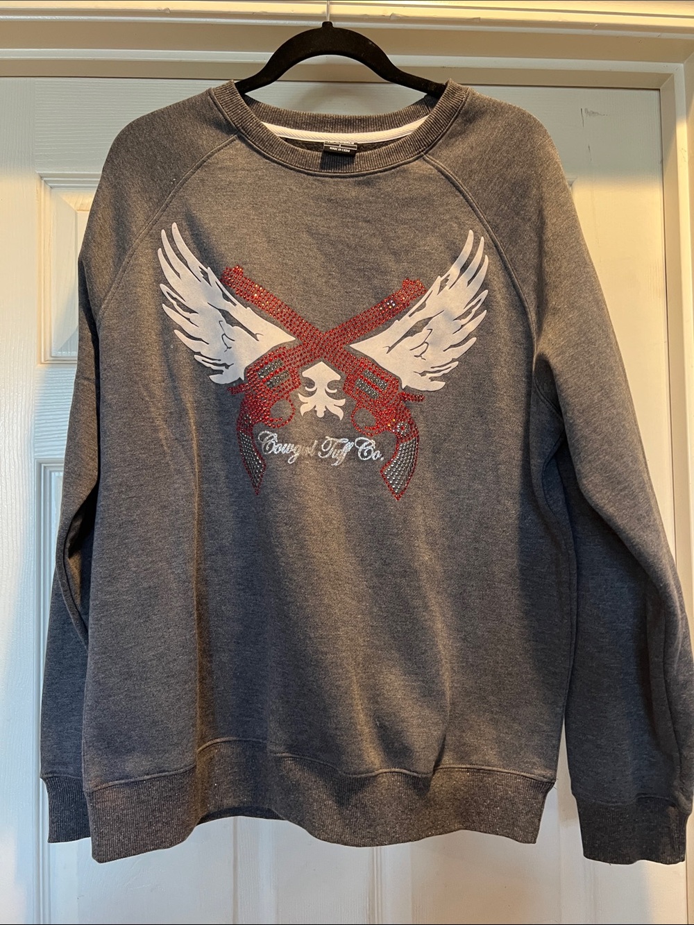 L Cowgirl Tuff Gray Graphic Winged Sweatshirt with Red Studded Guns
